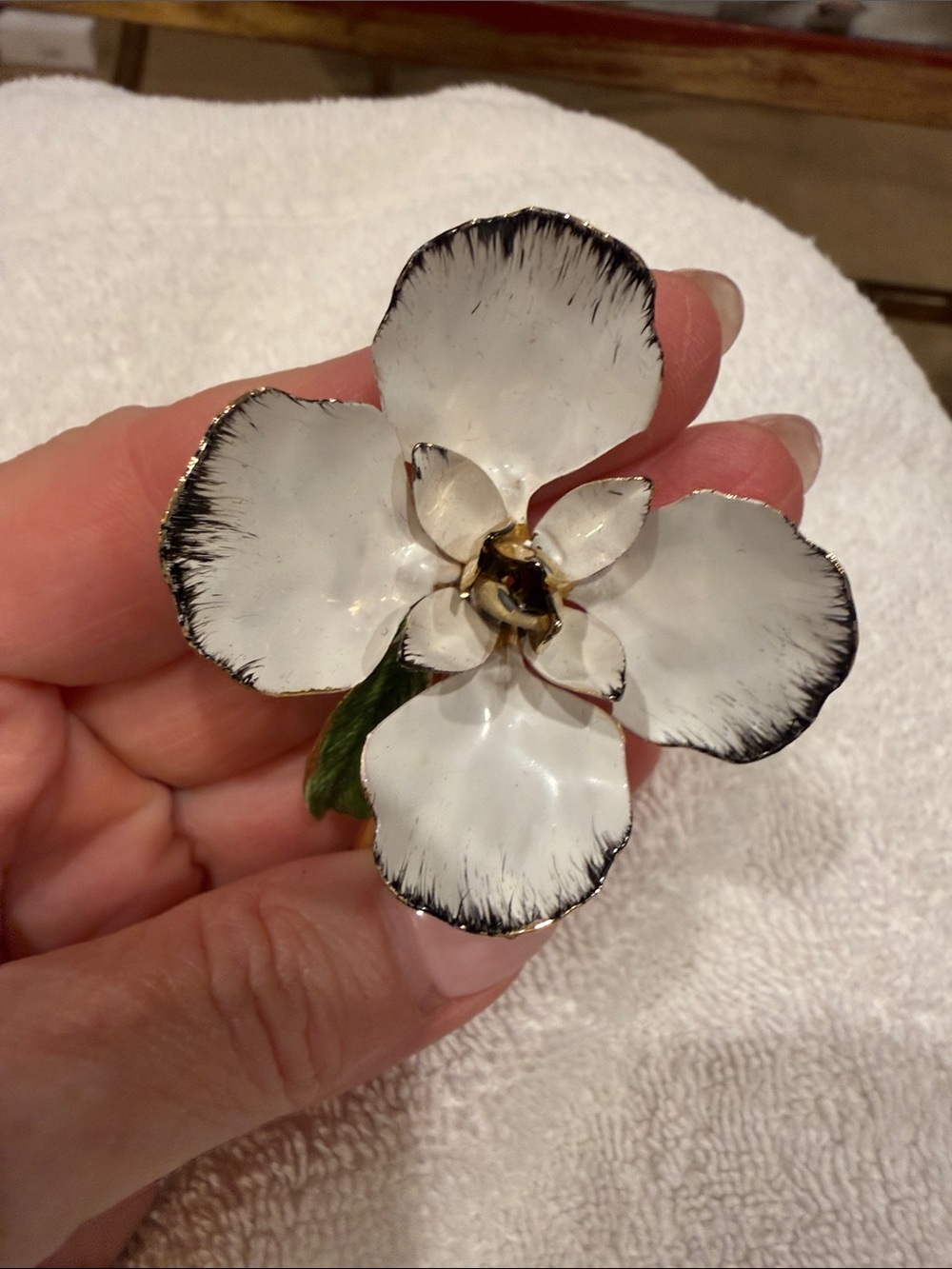 Handcrafted White Enamel Flower Accent with Black Trim